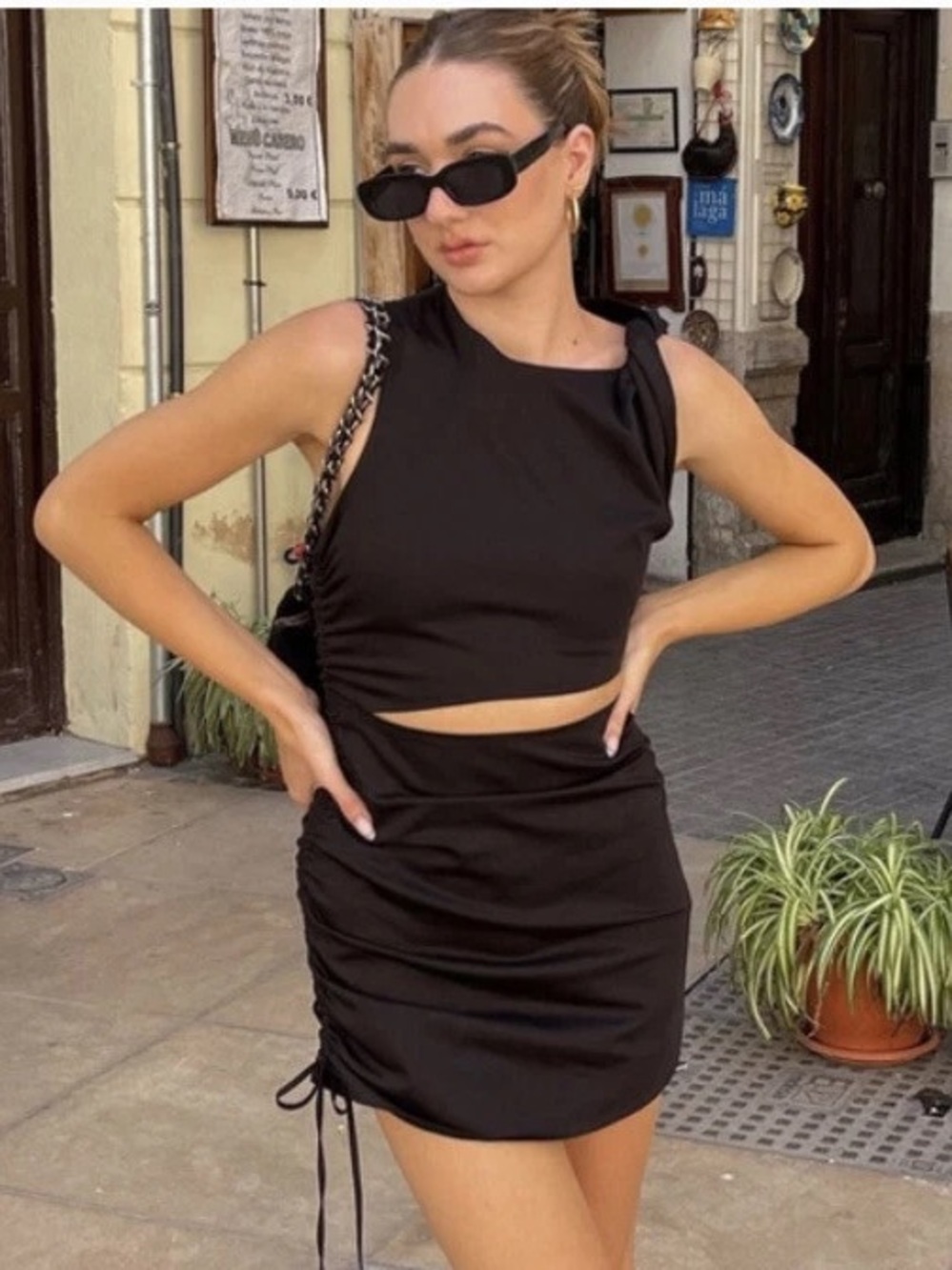 Zara Black Cotton Poplin Cut Out Drawstring Mini Dress Large